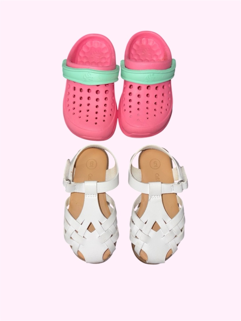 Cat & Jack Girls White Sandals and Pink and Mint Slip-On Clogs bundle Size 6-7